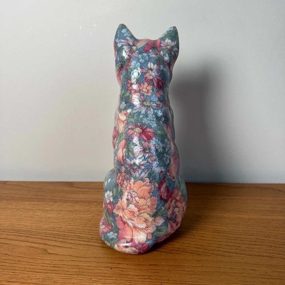 Vintage Floral‎ Cat Figurine Ceramic Sitting Kitten Home Decor Collectible